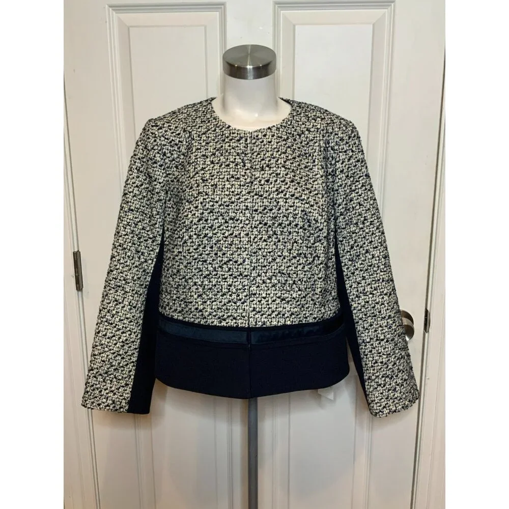 Tory Burch Lucille Metallic Tweed White & Navy Blue Wool Jacket, Size 14